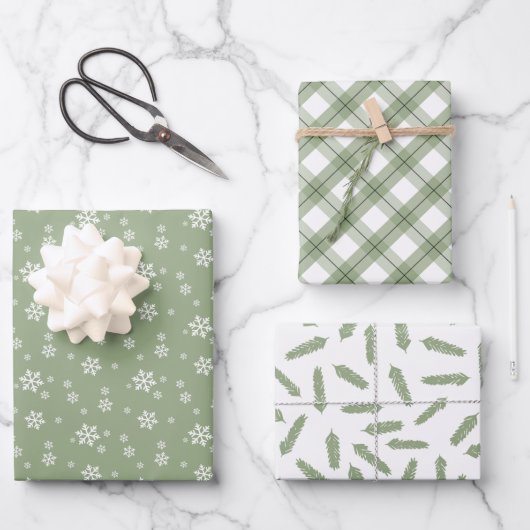Sage Green Snowflakes Pine Karierte Urlaubsmuster Geschenkpapier Set (Vorderseite)