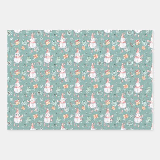 Sage Green Snowman Holiday Geschenkpapier Set (Vorderseite 3)