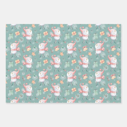 Sage Green Snowman Holiday Geschenkpapier Set (Vorderseite)