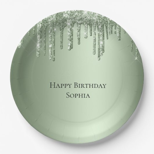 Sage Green Sparkle Glitzer Tropfen Geburtstag Pappteller (Vorderseite)