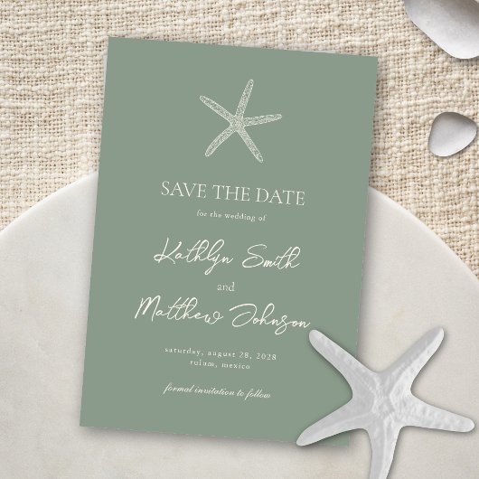 Sage Green Starfish Beach Hochzeit in Urlaubsort Save The Date
