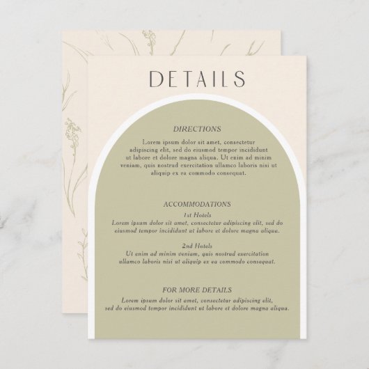 Sage Green Stilvoll moderner Bogen Hochzeitsinfo Begleitkarte (Vorne/Hinten)