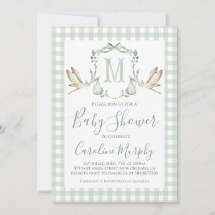 Sage Green Stork Baby Dusche Preppy Gingham Einladung