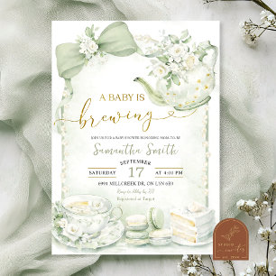 Sage Green Streifen Baby is Brewing Babyparty Einladung