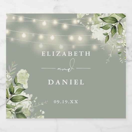Sage Green String Lights Blumengrün Hochzeit Bierflaschenetikett (Einzelnes Label)
