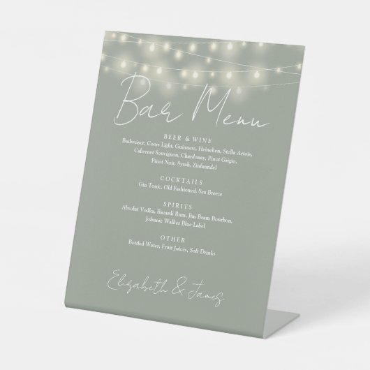 Sage Green String Lights Elegantes Skript-Bar Menü Sockelschild (Vorderseite)