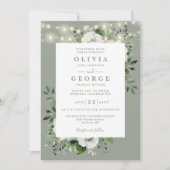 Sage Green String Lights Floral Foto Hochzeit Einladung (Vorderseite)