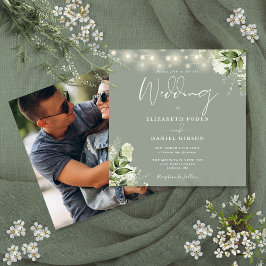 Sage Green String Lights Floral Foto Hochzeit Einladung