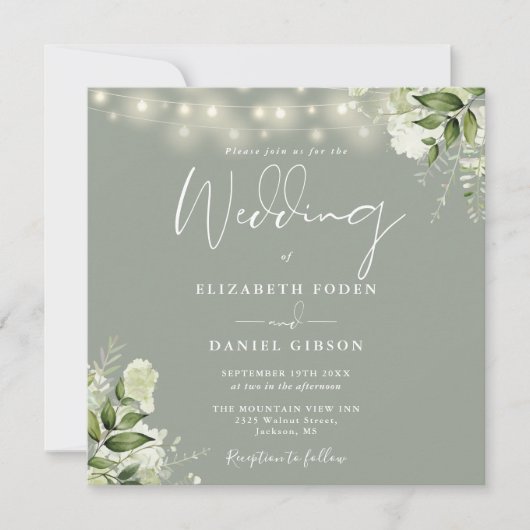 Sage Green String Lights Floral Foto Hochzeit Einladung (Vorderseite)