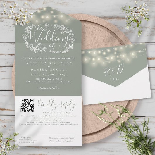 Sage Green String Lights Floral QR Code Hochzeit All In One Einladung