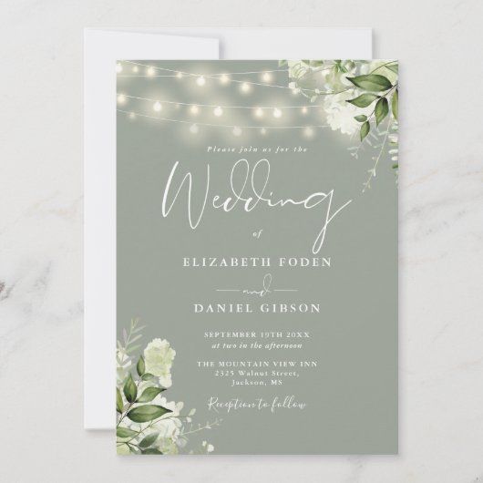Sage Green String Lights Floral QR Code Hochzeit Einladung (Vorderseite)
