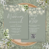 Sage Green String Lights Floral QR Code Hochzeit Einladung