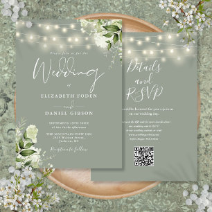 Sage Green String Lights Floral QR Code Hochzeit Einladung