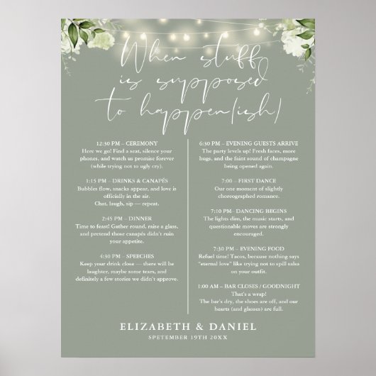 Sage Green String Lights Floral Wedding Itinerary Poster (Vorne)