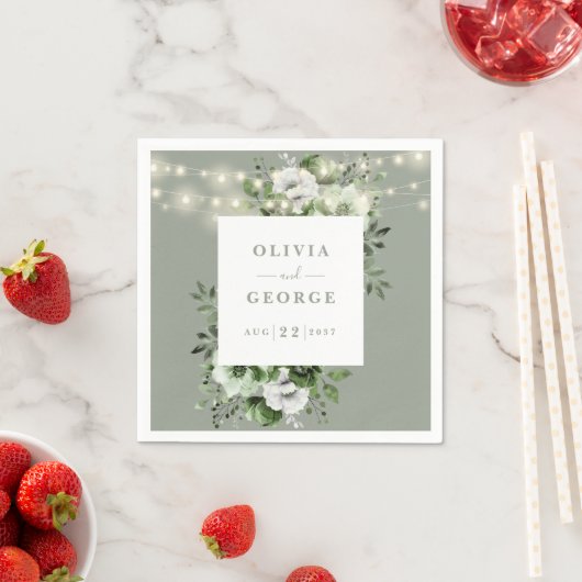 Sage Green String Lights Floral Wedding Napkin Serviette (Beispiel)