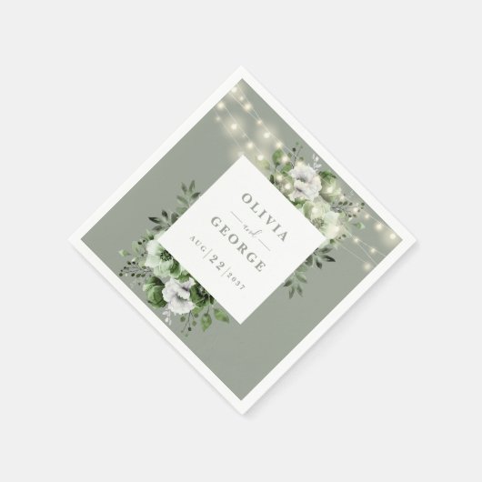 Sage Green String Lights Floral Wedding Napkin Serviette (Ecke)