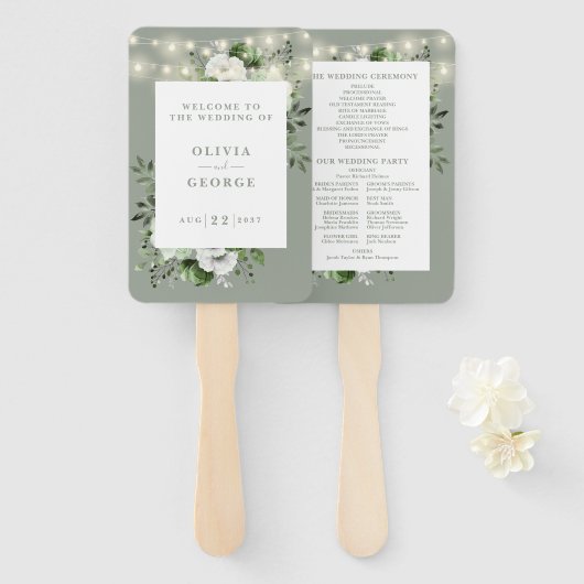 Sage Green String Lights Floral Wedding Program Fächer (Vorne und Hinten)