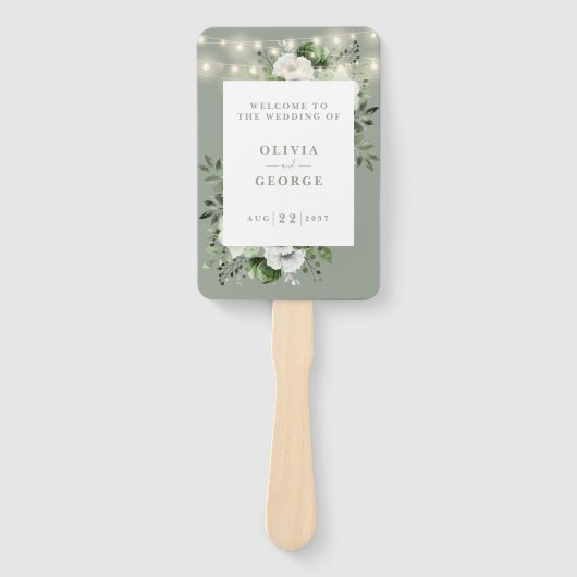 Sage Green String Lights Floral Wedding Program Fächer (Vorderseite)