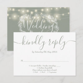 Sage Green String Lights Floral Wedding RSVP Karte