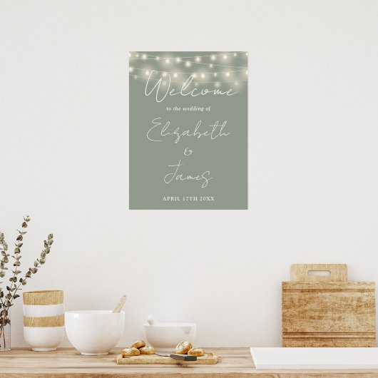 Sage Green String Lights Hochzeitungs-Begrüßungsze Poster (Küche)