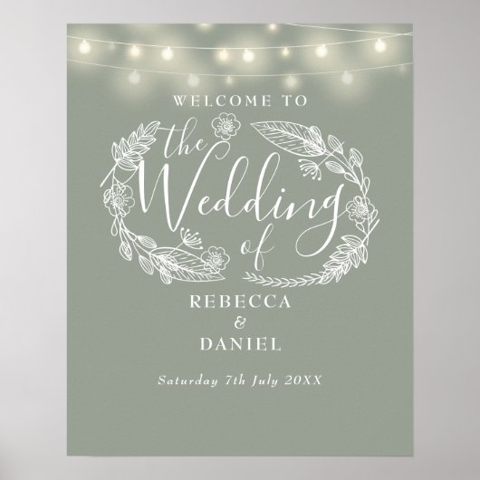 Sage Green String Lights Hochzeitungs-Begrüßungsze Poster (Vorne)