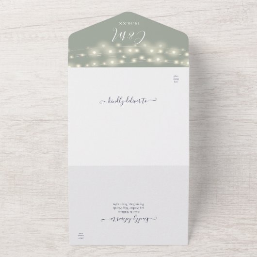 Sage Green String Lights Moderne Script Wedding All In One Einladung (Außenbereich)