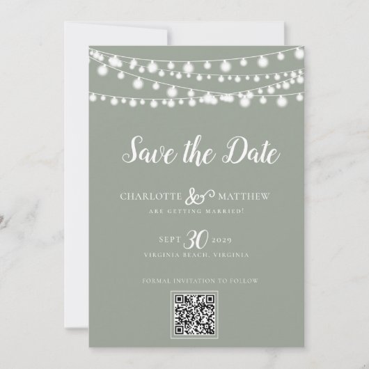 Sage Green String Lights Modernes Skript Rette das Save The Date (Vorderseite)