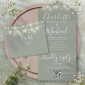 Sage Green String Lights QR Code Monogram Wedding All In One Einladung