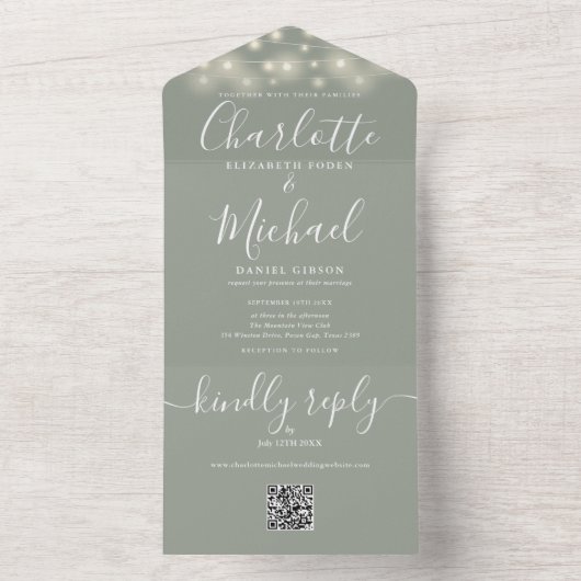 Sage Green String Lights QR Code Monogram Wedding All In One Einladung (Innen Boden)