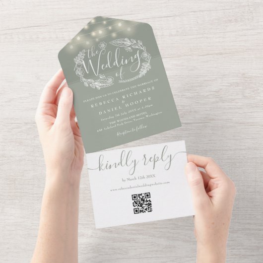 Sage Green String Lights QR Code Wedding All In One Einladung (Abreißen)