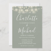 Sage Green String Lights Script Foto Wedding Einladung (Vorderseite)