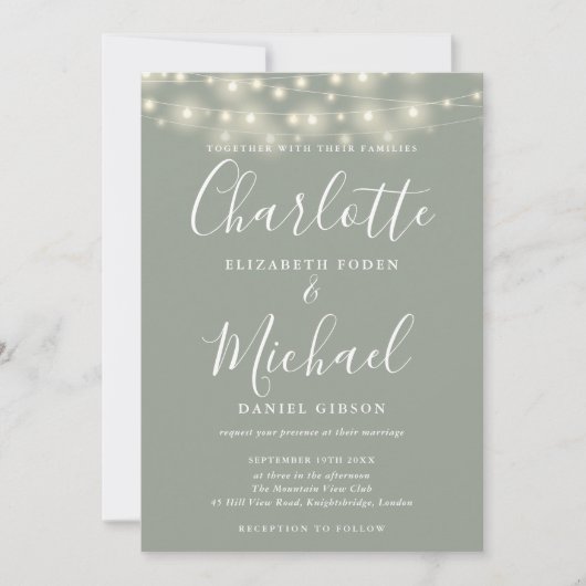 Sage Green String Lights Script Foto Wedding Einladung (Vorderseite)