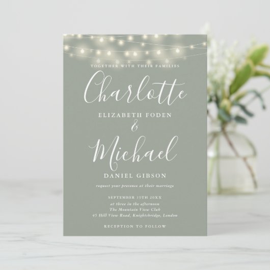 Sage Green String Lights Script Foto Wedding Einladung (Stehend Vorderseite)
