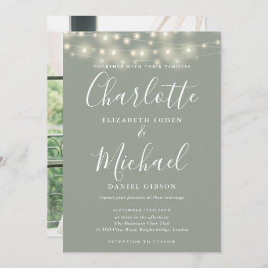 Sage Green String Lights Script Foto Wedding Einladung (Vorne/Hinten)
