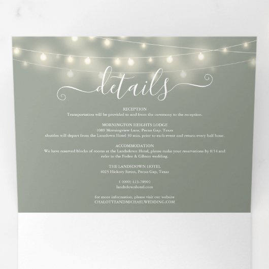 Sage Green String Lights Script Monogram Wedding Dreifach Gefaltete Einladung (Innen Erste Seite)