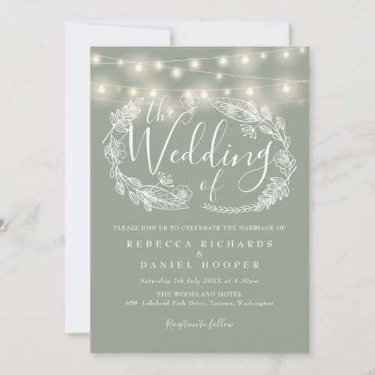 Sage Green String Lights Script Wedding Einladung (Vorderseite)
