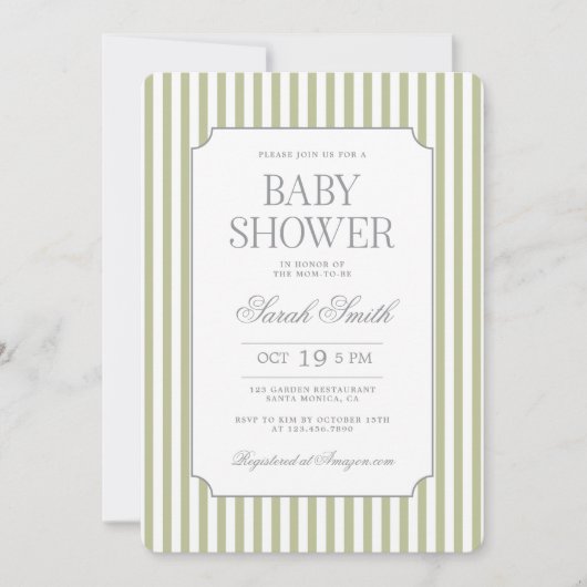 Sage Green Stripe Baby Shower Invitation Einladung (Vorderseite)