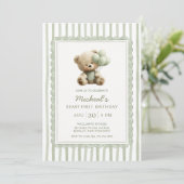 Sage Green Stripe Beary First Birthday  Einladung (Stehend Vorderseite)