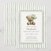 Sage Green Stripe Beary First Birthday  Einladung (Vorne/Hinten)