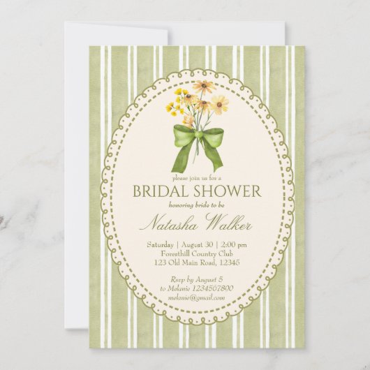 Sage green stripe retro elegant bridal shower einladung (Vorderseite)