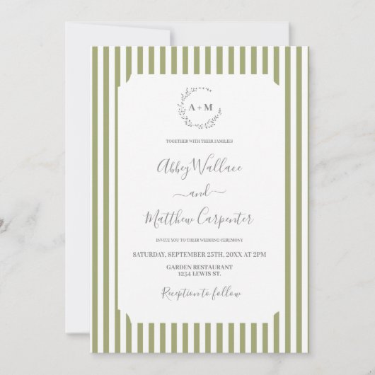 Sage Green Stripe Wedding Einladung (Vorderseite)