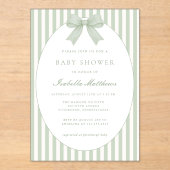 Sage Green Striped Baby Shower Invitation with Bow Acryleinladungen (Vorderseite)