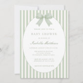 Sage Green Striped Baby Shower Invitation with Bow Einladung (Vorderseite)