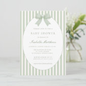Sage Green Striped Baby Shower Invitation with Bow Einladung (Stehend Vorderseite)