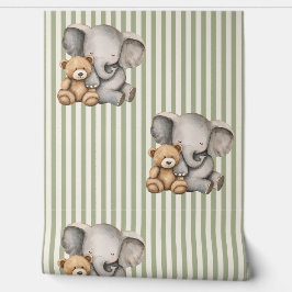 Sage Green Striped Elephant and Teddy Bear  Tapete