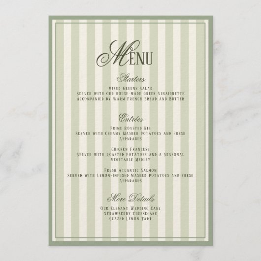 Sage Green Striped Wedding Menu  Card Einladung (Vorderseite)