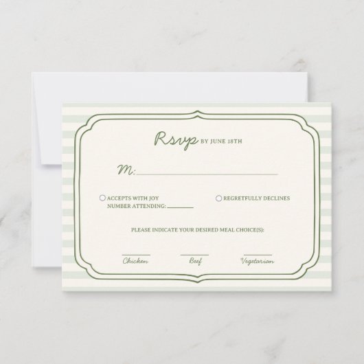 Sage Green Striped Wedding RSVP Card  Karte (Vorderseite)