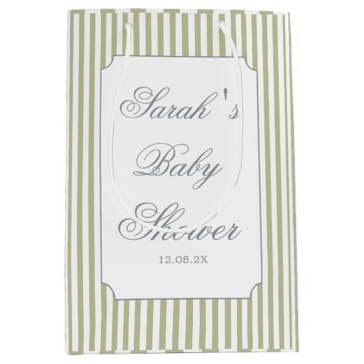 Sage Green Stripes Baby Shower Mittlere Geschenktüte (Vorderseite)