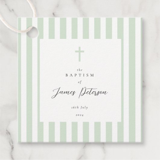 Sage Green Stripes Elegante Taufe Geschenkanhänger (Vorderseite)