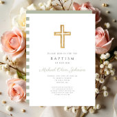 Sage Green Stripes Religiöse Cross Baptismus Einladung